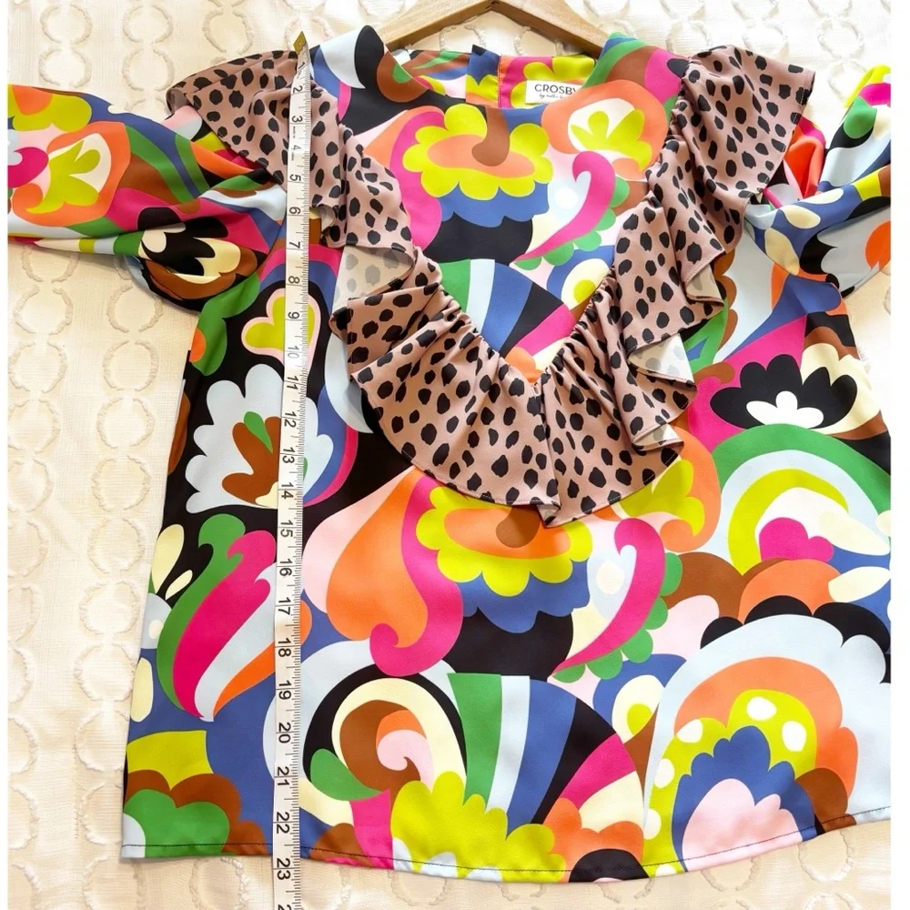 Crosby by Mollie Burch Retro Print Blouse‎ with Contrast Animal Print Ruffle